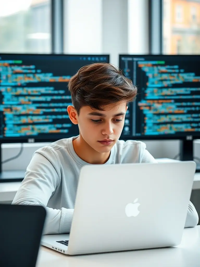 A focused image of a student intensely coding on a laptop, surrounded by multiple monitors displaying complex backend code, set in a modern, collaborative learning environment.