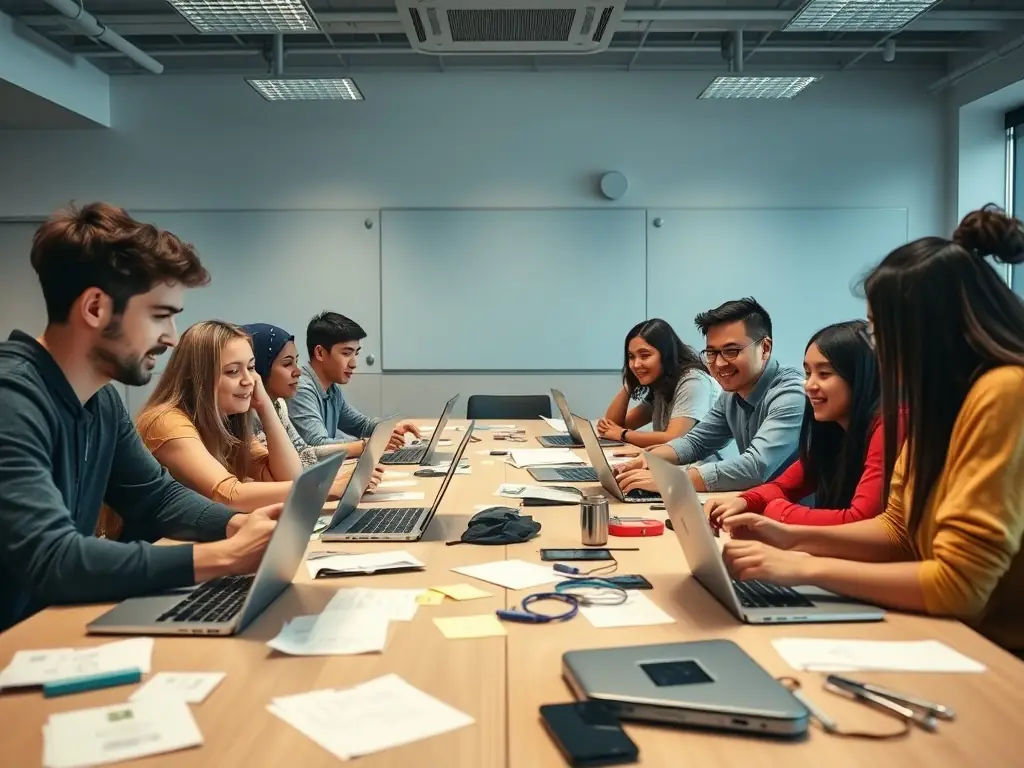 A group of students are collaborating on a coding project, discussing strategies and solutions, in a collaborative learning environment. The image represents the teamwork and peer support fostered at Gliderlab.uno.