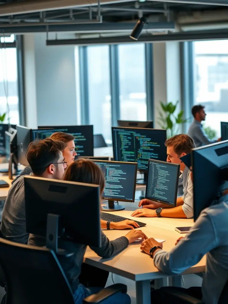 An engaging image of developers collaborating on API design, using visual tools and diagrams to illustrate the process.