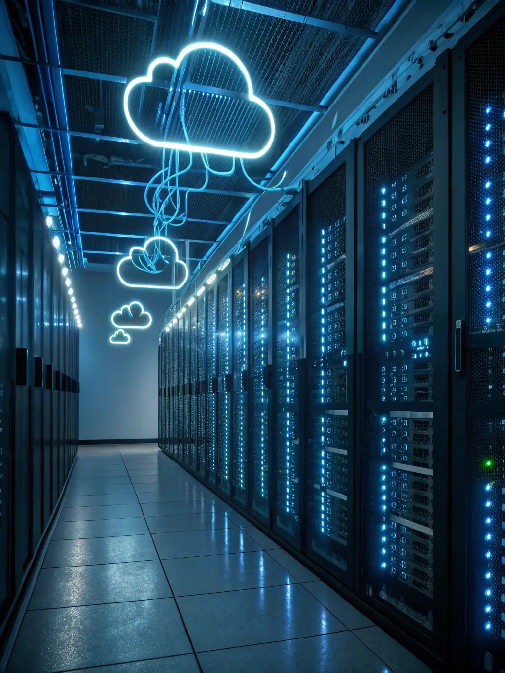 A dynamic image showcasing a database server room with blinking lights and complex network connections, emphasizing data management and security.